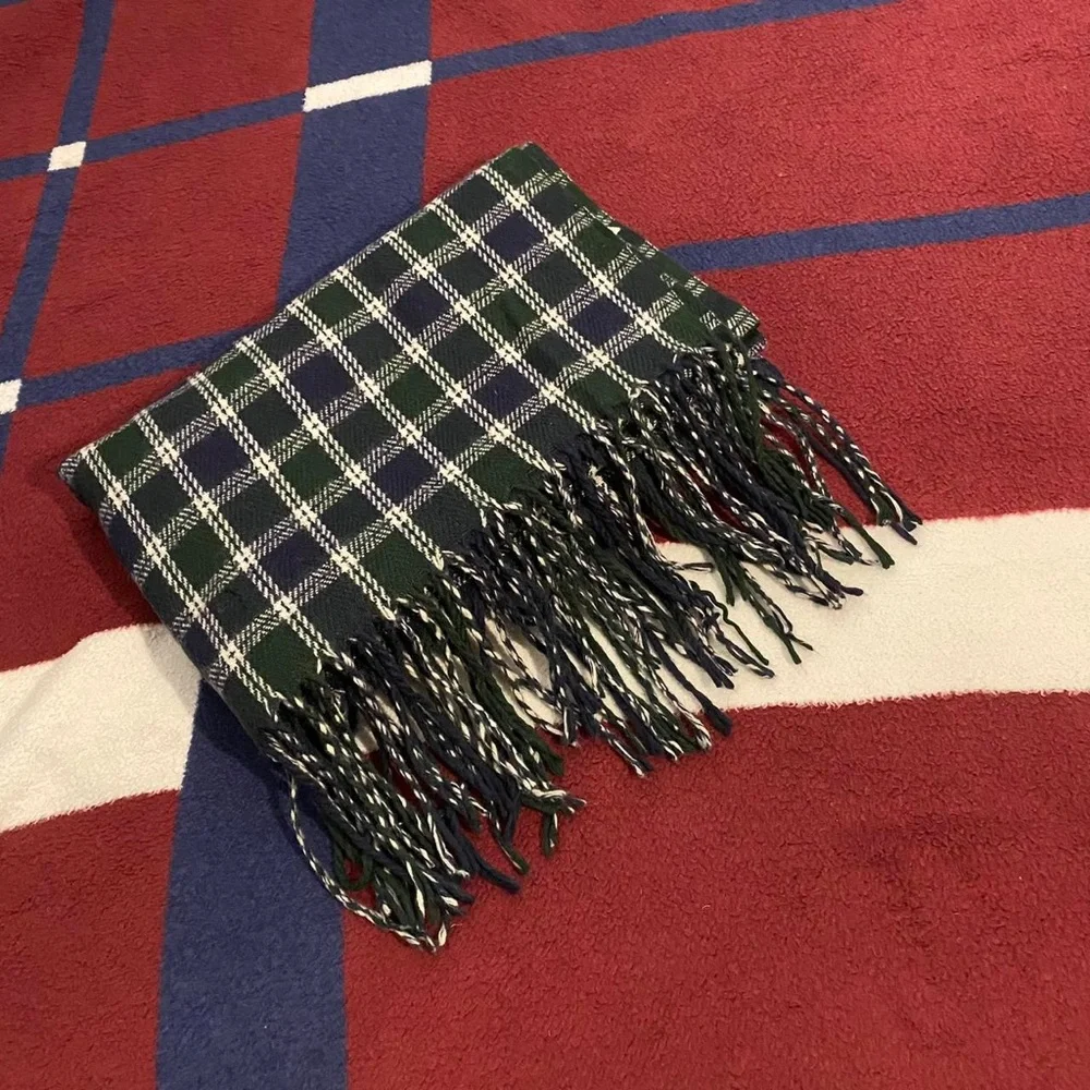 Pretty Persuasions Soft Wrap Scarf plaid blue green Fringe Oversized